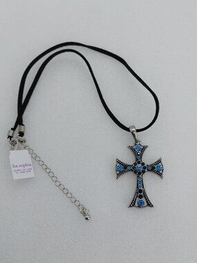 Lia Sophia Divinity Silver Tone Cross Necklace With Blue Rhinestone